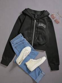 SHEIN Unity Đồ họa Chữ cái Dây kéo Dây rút Hoodie - màu đen - Xem 1