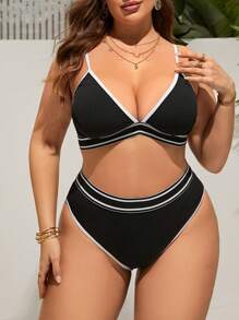SHEIN Swim Curve Summer Beach Plus Contrast Binding Bikini Set - Black - View 1