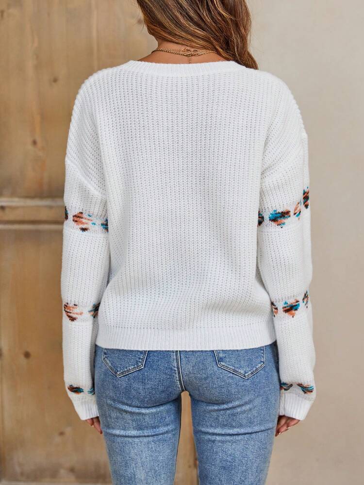 Heart Pattern Drop Shoulder Knit Pullover Fall Winter Sweater