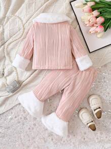 SHEIN 女嬰羊絨領口拼接毛茸茸襯衫和喇叭褲 - 粉色 - 查看 2