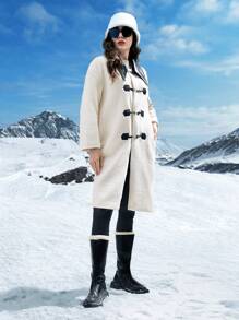 SHEIN LUNE Contrast Collar Duffle Fuzzy Coat Fall Cloth For Women - Black and White - View 5