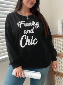 SHEIN Essnce Plus Slogan Graphic Drop Shoulder Sweatshirt - Black - View 1