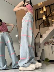 Letter Graphic Wide Leg Jeans - Pink - View 5
