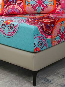 3pcs Fitted Sheet Set Polyester Brushed Classic Folk Print Elements, 1 Fitted Sheet And 2 Pillowcases - Red - View 7