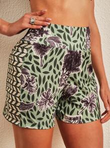 SHEIN Bản in nhiệt đới Chân thẳng Quần short - Nhiều màu - Xem 1