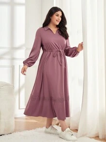 Mulvari Hơn Chi tiết Patched thư Tay áo lồng đèn Eo dây rút Đầm - Hồng - Xem 4