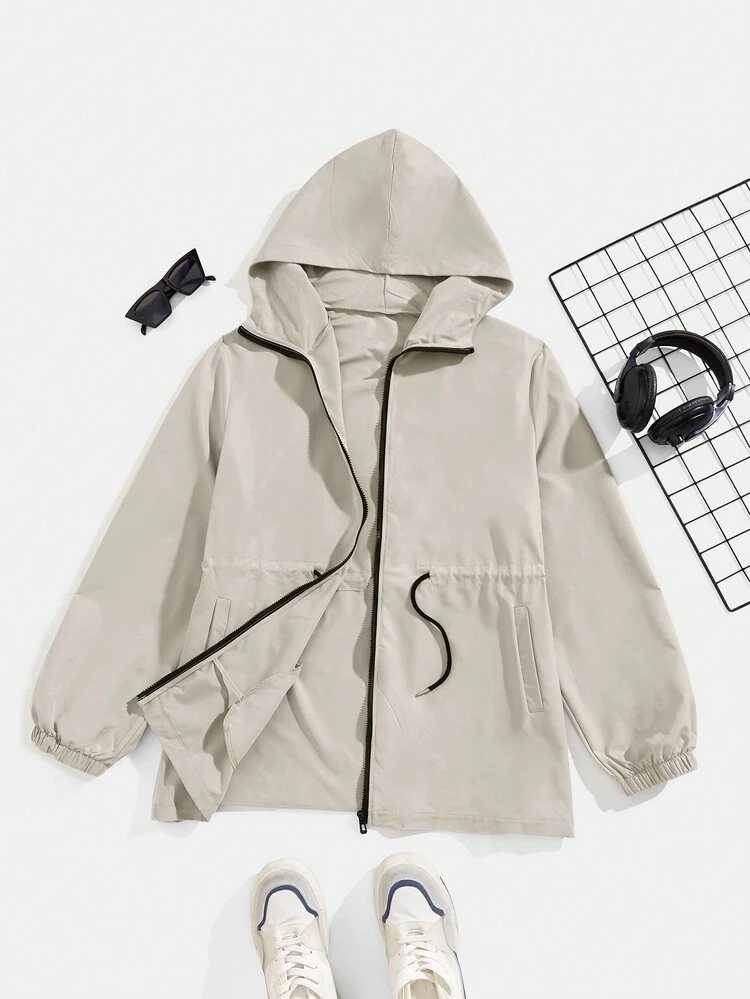 Loose Fit Men's Zip Up Drawstring Waist Casual Hooded Jacket