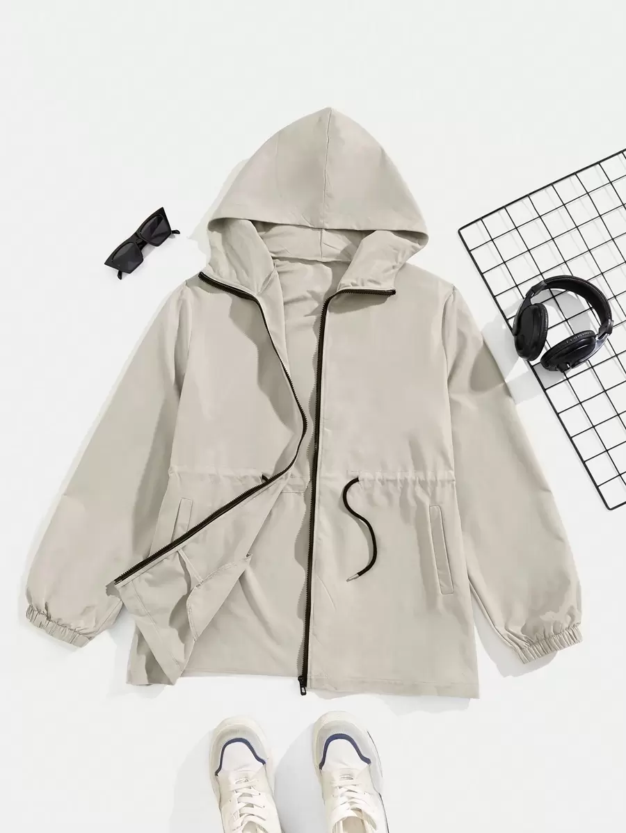 Claim Dot Loose Fit Men's Zip Up Drawstring Waist Casual Hooded Jacket - Apricot - View 1