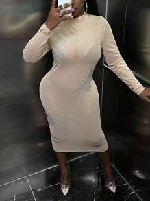 Slaydiva Talla grande Vestido ajustado con diamante de imitación con patrón de mariposa de cuello alto sin lencería - Albaricoque - Ver 1