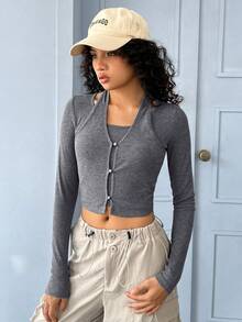 SHEIN EZwear 前紐扣繞頸短款T恤 - 灰色 - 查看 6