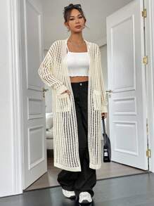 SHEIN Unity Drop Shoulder Open Knit Cardigan - Beige - View 5