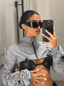 SHEIN ICON Drawstring Side Super Crop Jacket - Grey - View 5