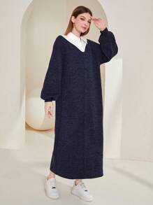 Mulvari Colorblock Lantern Sleeve Belted Dress - Navy Blue - View 4