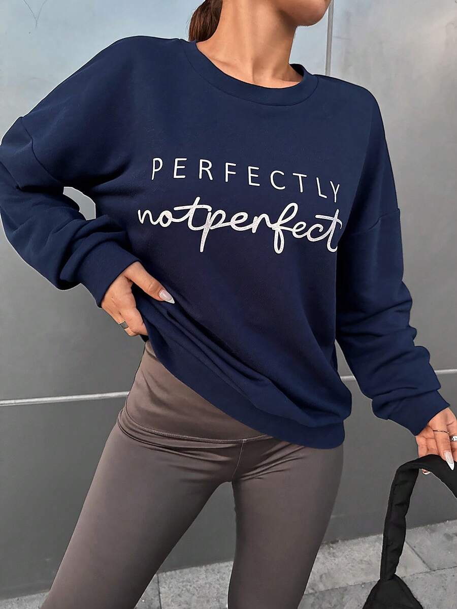 EURMUSE Đồ họa Khẩu hiệu Thả vai Áo nỉ - Màu xanh hải quân - Xem 1