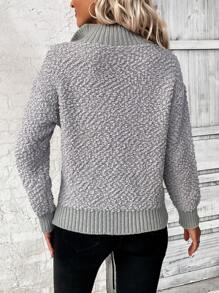 SHEIN LUNE Áo len chui đầu tay dài phối màu tương phản, khóa kéo ¼, vai rớt, thích hợp cho mùa thu đông. - Xám - Xem 2