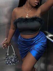 Slaydiva Plus Ruched Wrap Hem Metallic Bodycon Skirt - Royal Blue - View 6