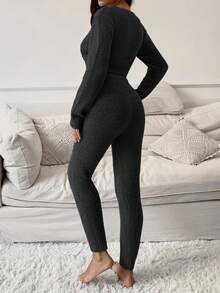 SHEIN Essnce V領短款毛衣&腰部打結針織長褲套裝 - 黑色 - 查看 2