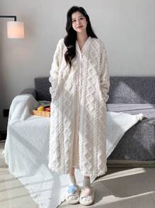 DAZY Bata de franela de hombros caídos, forrada de felpa, para otoño e invierno