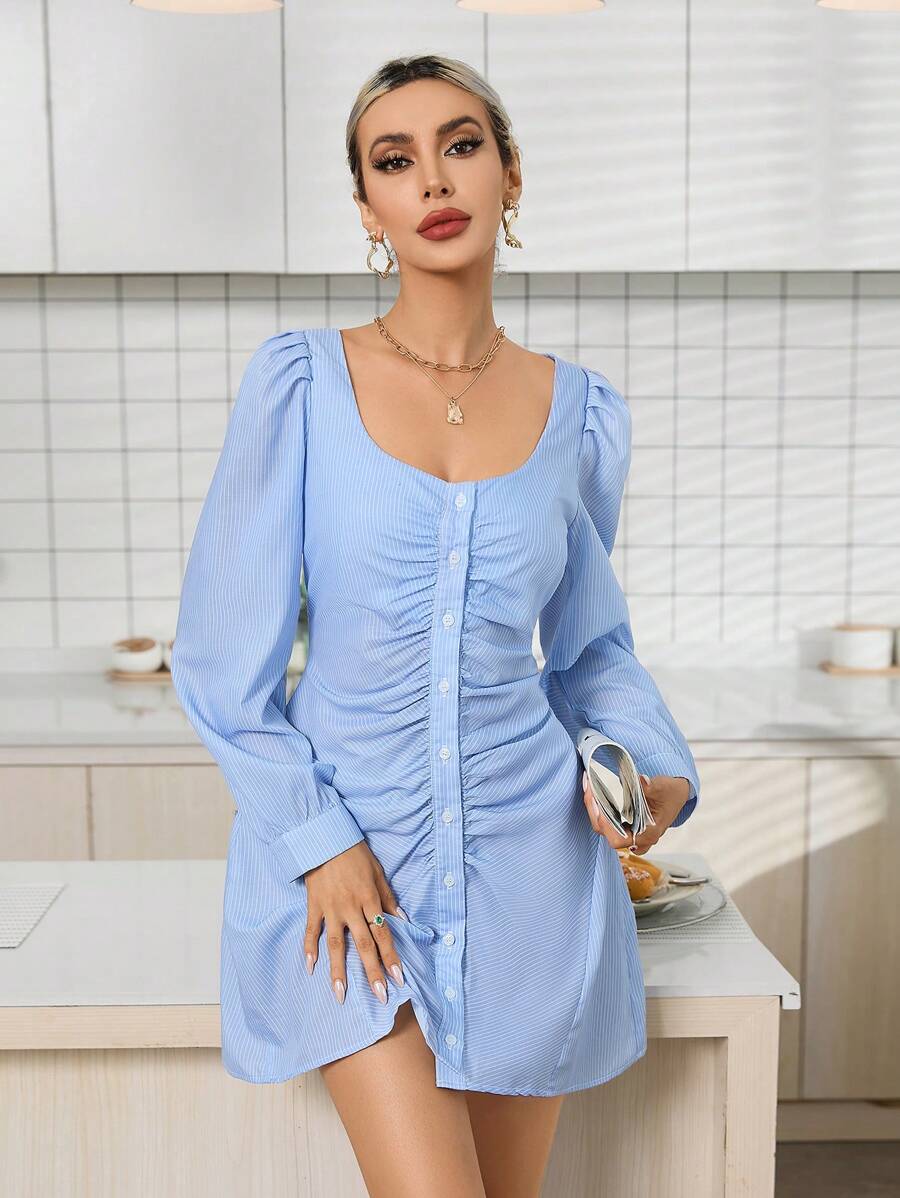 Aveloria Scoop Neck Ruched Button Front Dress Fall Cloth For Women