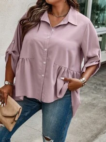 Calvaya Plus Roll Tab Sleeve Peplum Blouse - Pink - View 4