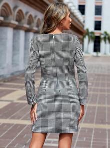 Cottnline Houndstooth Print Fitted Dress - Black and White - View 2