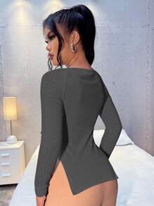 SHEIN SXY 雞心領口不對稱下擺羅紋針織T恤 - 灰色 - 查看 2