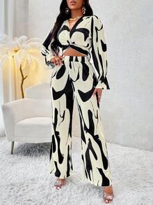 通體印花扭褶短款上衣和闊腿褲 - 黑與白 - 查看 5