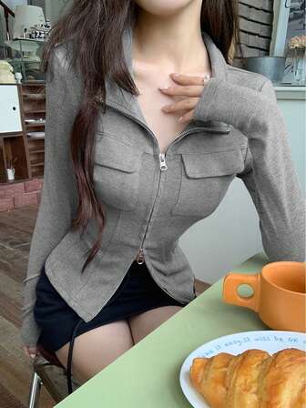 2025 Spring Summer Korean Retro Elegant Collar Zip Up Long Sleeve Chic Slim Fit Shirt For Women