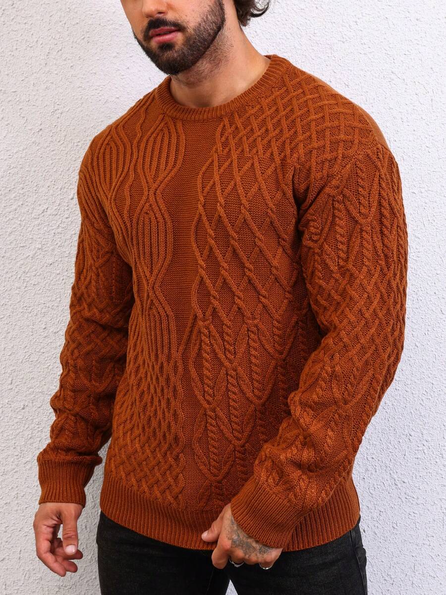 Manfinity Homme 男士素色麻花編織套頭毛衣 - 咖啡棕 - 查看 1