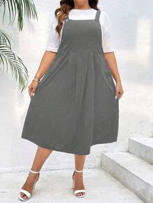 SHEIN LUNE 大碼素色背帶洋裝不帶T恤 - 灰色 - 查看 5