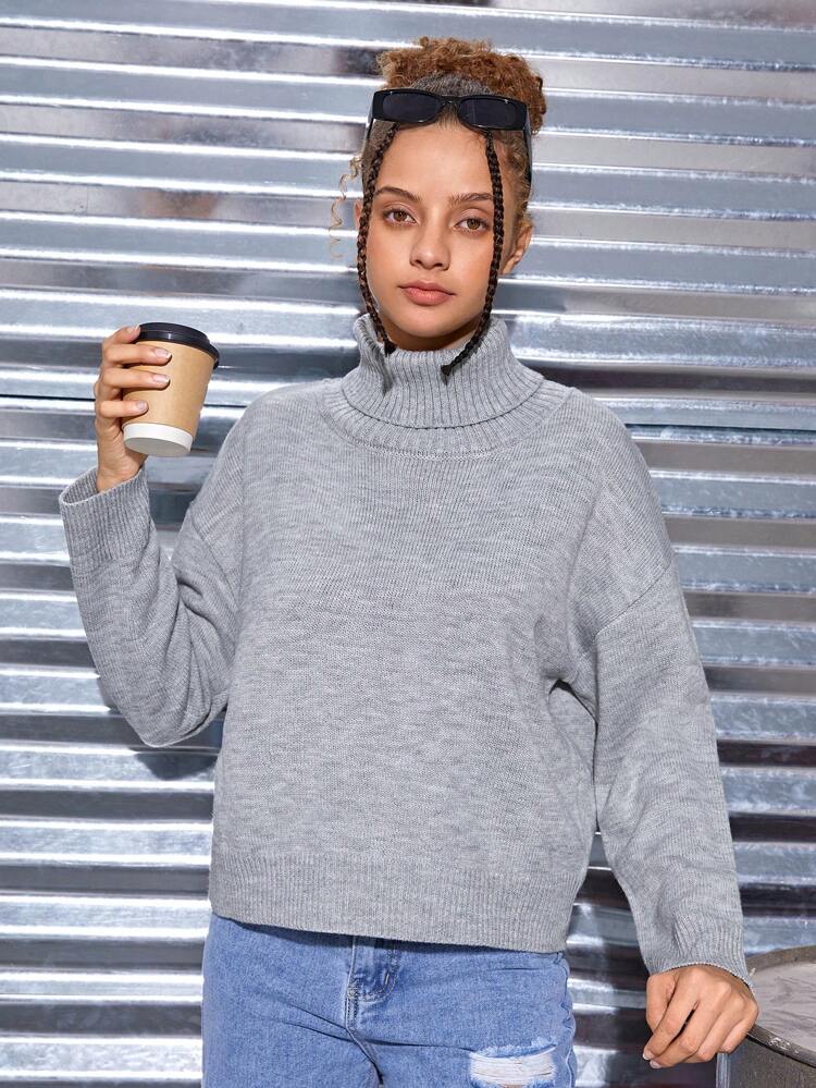 Teen Girl Turtleneck Drop Shoulder Sweater