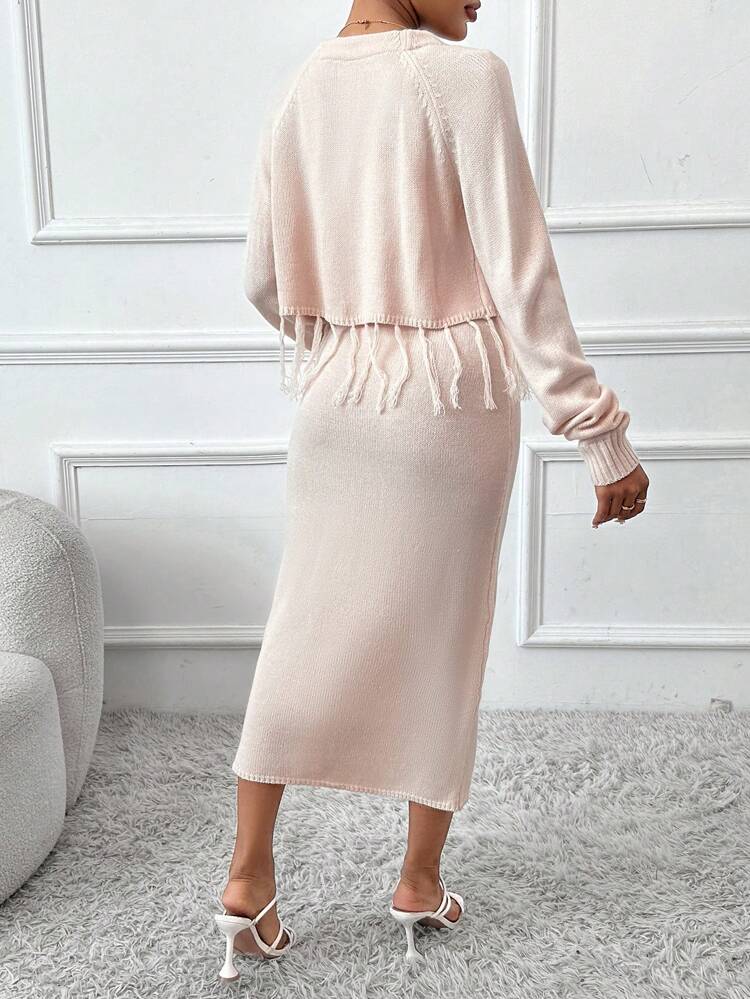 Fringe Hem Raglan Sleeve Cardigan & Knit Skirt Fall Cloth For Women