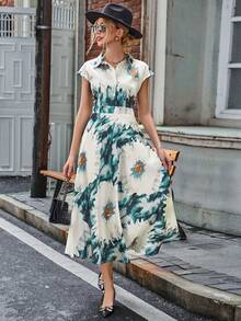 Aveloria Floral Print Batwing Sleeve Half Button Shirt Dress - Dark Green - View 4