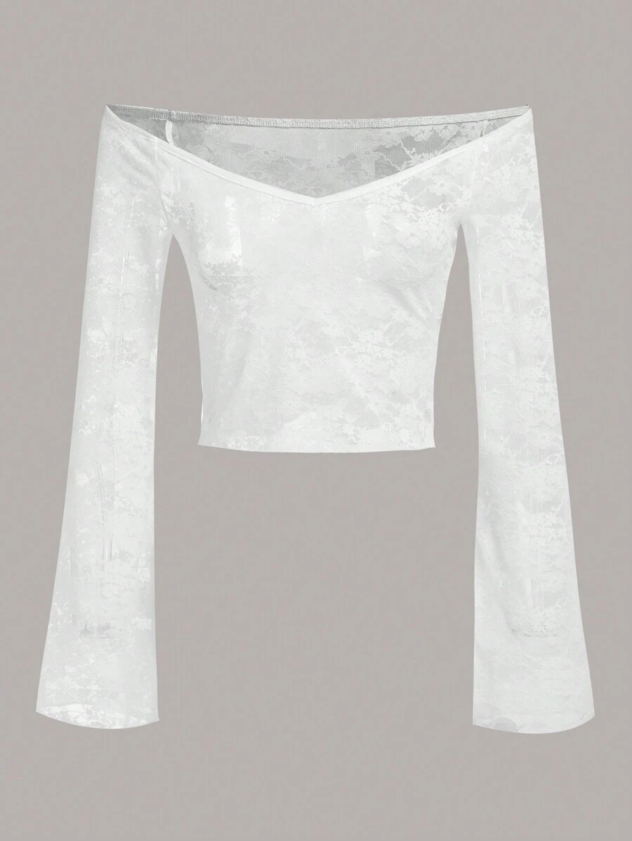 SHEIN ICON Off Shoulder Bell Sleeve Crop Top - White - View 1