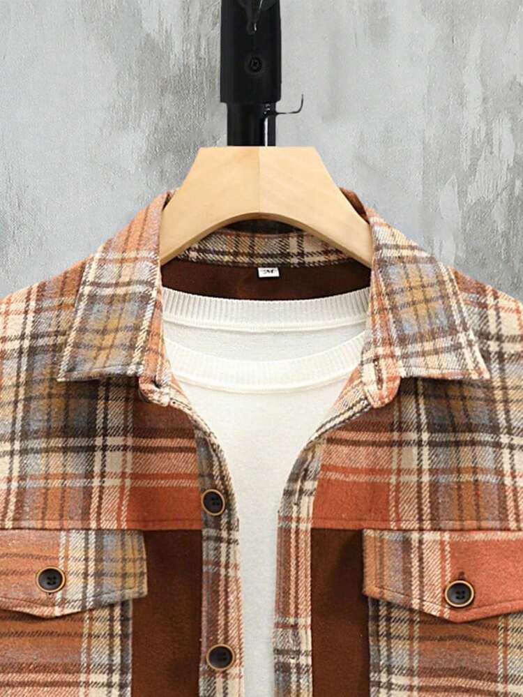 Men Plus Plaid Print Flap Pocket Shacket Without Tee
