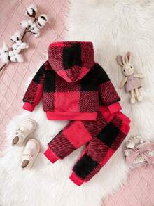 女嬰格紋印花補丁細節連帽衫和褲子 - 酒紅色 - 查看 2