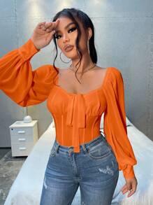 SHEIN SXY Sweetheart Neck Lantern Sleeve Knot Front Crop Blouse Going Out Tops - Orange - View 1
