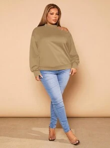 SHEIN SXY 大碼不對稱領落肩袖運動衫 - 駝色 - 查看 5