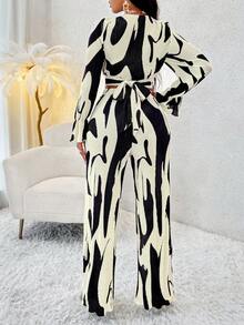 通體印花扭褶短款上衣和闊腿褲 - 黑與白 - 查看 2