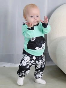 女嬰2入組花卉圖案圖案撞色袋鼠口袋連帽衫和運動褲,柔軟和舒服閒暇 - 彩色 - 查看 7