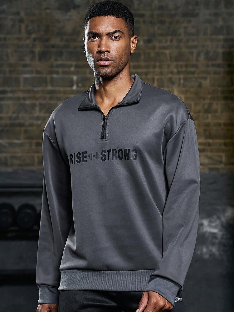 Men Letter Graphic Quarter Zip Sports Jacket Workout Tops Grey Jacket Sports Jacket