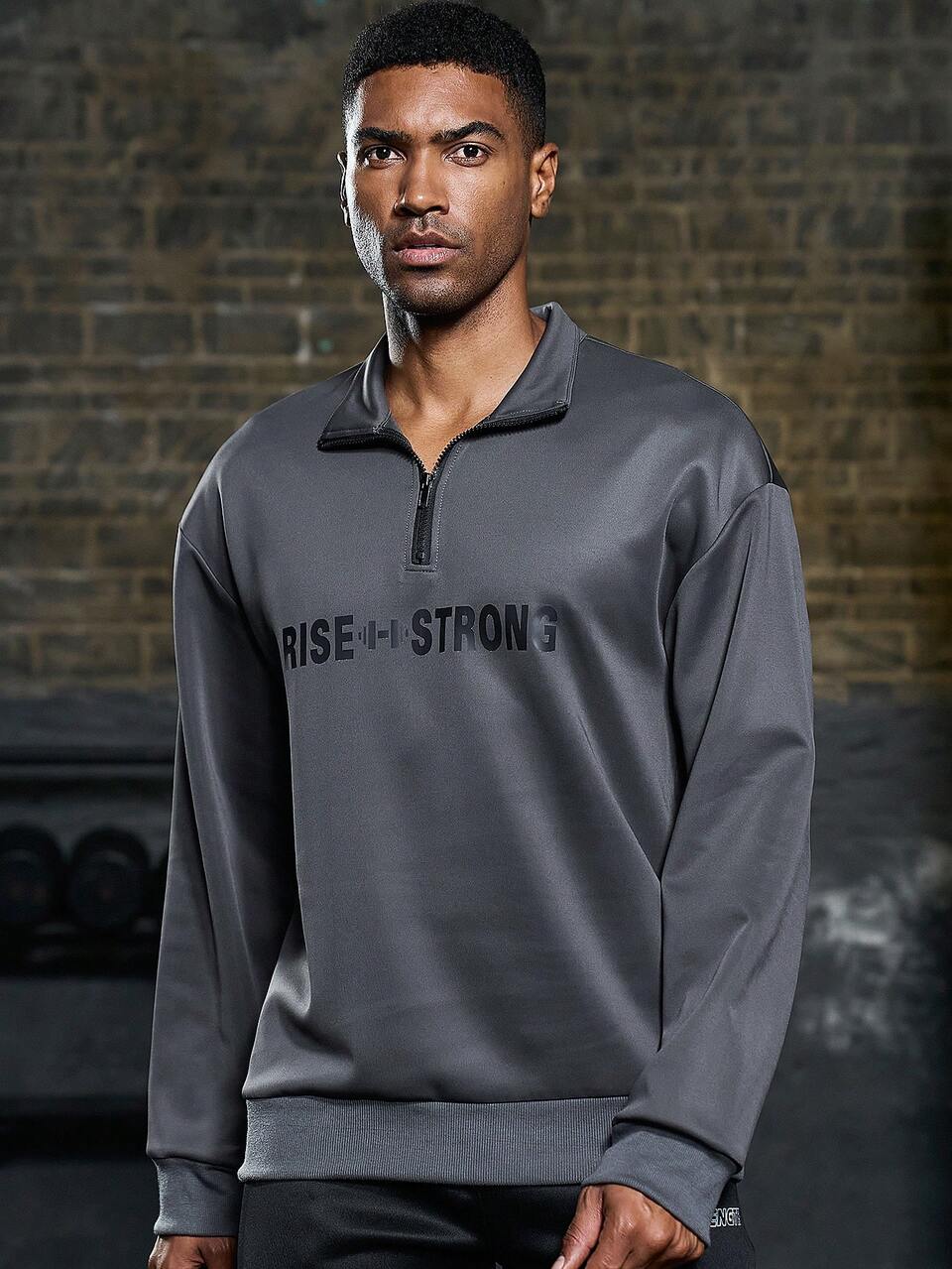 Men Letter Graphic Quarter Zip Sports Jacket Workout Tops Grey Jacket Sports Jacket