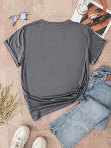 SHEIN Unity 大碼豹紋&字母圖案T恤 - 灰色 - 查看 2