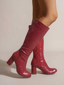 2025秋冬新款时尚圆头休闲高筒靴女高跟马术靴粗跟英伦风 - 紅色 - 查看 7