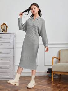 Adolescent Fille Robe Pull Col cranté Manches Chauve-Souris - Gris pâle - Voir 6