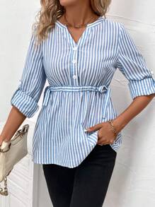 SHEIN LUNE 條紋印花捲邊袖襯衫 - 藍白色 - 查看 2