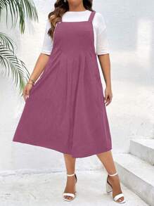 SHEIN LUNE Plus Fold Pleated Overall Dress Without Tee - Burgundy - View 1