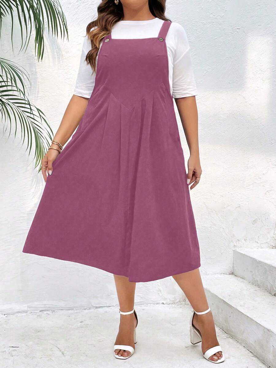 SHEIN LUNE Plus Fold Pleated Overall Dress Without Tee - Burgundy - View 1