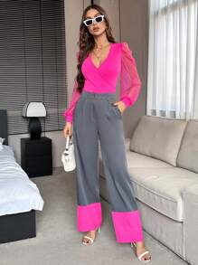 SHEIN Privé Colorblock Slant Pocket Suit Pants - Multicolor - View 6