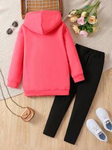 SHEIN Tween Girl Star Print Hooded Sweatshirt & Leggings - Hot Pink - View 2